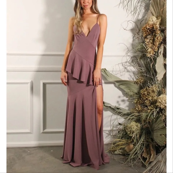 Katie May Arriba Diagonal Ruffle Cut Out Back Dress Mauve Dusk medium NWT